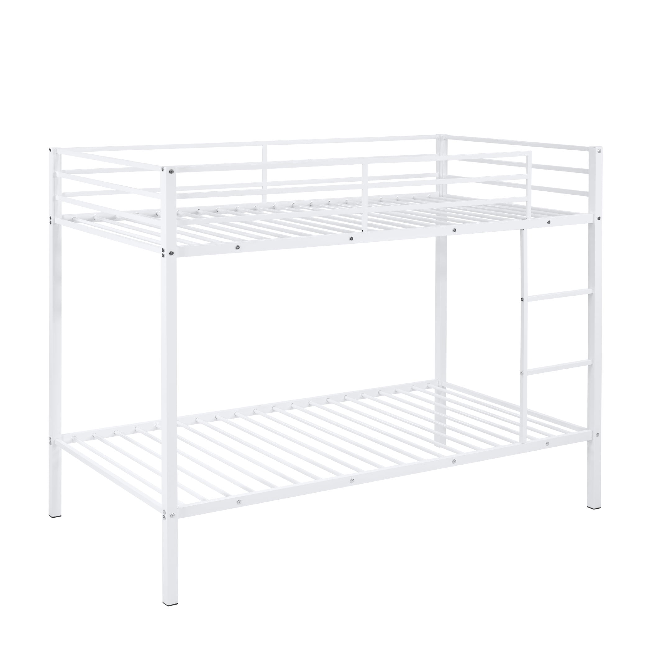 Metal Bunk Bed Twin Over Twin, Low Profile Bunk Bed Frame WithBuilt-in Ladder, High Guardrail And Metal Slats, Space-Saving Twin Size Bed Frame For Kids Teens, No Box Spring Required, White_voghion.com